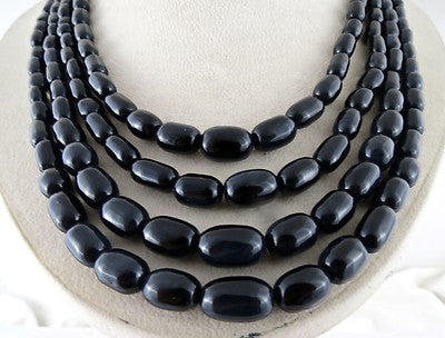 Black Onyx 830 Ct Long Tube Beaded 4 Line Sterling Silver Fashion Necklace