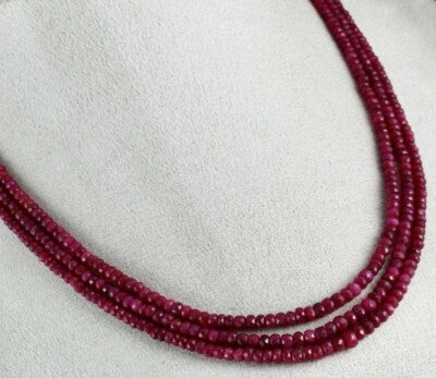 Ruby Corundum 272 Carats Dyed Gemstone Necklace, 3 Line Long Beads