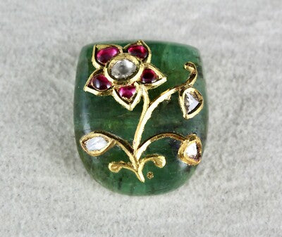 Certified Natural Emerald Cabochon 59ct Natural Diamond Ruby 22k Gold Gemstone