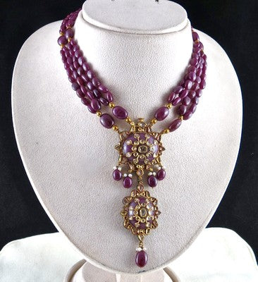 Certified Natural Ruby 600ct Natural Diamond 18k Gold Jadau Antique Necklace
