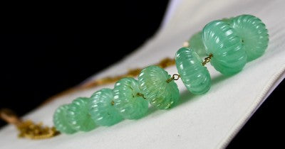 Certified Estate Natural Emerald 510ct Carved Melon Beads Diamond Gold Necklace