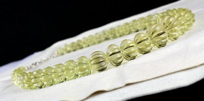 Certified Natural Lemon Quartz Carved Melon Round Beads Necklace 856 Ct Yellow
