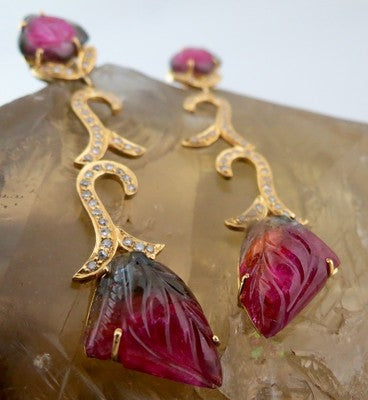 Certified Natural Multi Tourmaline 10ct Carved Leaves Diamond 18k Gold Earrings