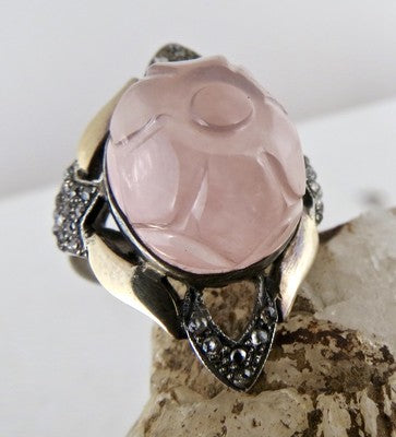 Antique Rose Quartz 62ct Natural Diamond Carved 18k Gold Sterling Silver Ring