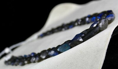 Natural Black Labradorite 688 Ct Faceted Tumble 3 Line Gemstone Beads Necklace