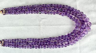 Natural Amethyst 569ct Carved Melon 3 Line Ladies Beads Necklace