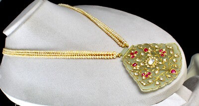 Certified Antique Nephrite Jade Ruby 10ct Natural Diamond 22k Gold Pearl Pendant