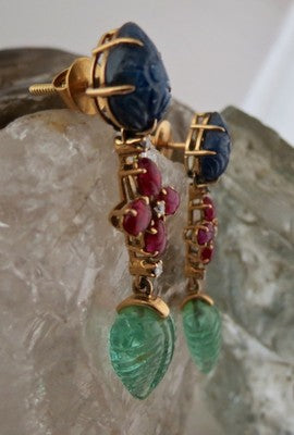 Certified Estate Natural Emerald 10ct Ruby Sapphire Carved Diamond 18k Earrings