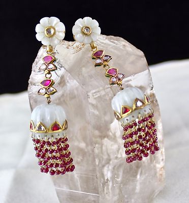Persian Nephrite Jade 137ct 22k Gold Ruby Natural Diamond Jhumki Earrings