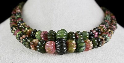 Certified Natural Multi Tourmaline 602 Ct Carved Beads Gemstone Necklace