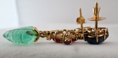 Certified Estate Natural Emerald 10ct Ruby Sapphire Carved Diamond 18k Earrings