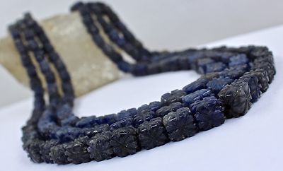 Natural Blue Jade Carved Square Beads Necklace 652 Ct 3 Line Gemstone Fashion