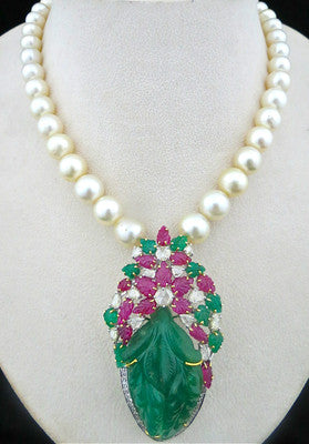 Certified Vintage Old Emerald 10ct Ruby Natural Diamond Pearl 18k Gold Necklace