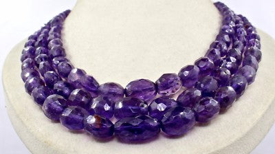 Natural Amethyst 712 Ct Faceted Oval Cabochon Beads Gemstone Necklace 3 Line
