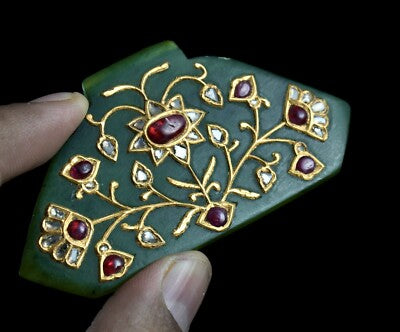 Certified Natural Green Jade 134.5ct Pendant Diamond Ruby 22k Gold Jadau Piece