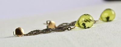 Estate 26ct Lemon Quartz Briolette Natural Diamond 18k Gold Victorian Earrings