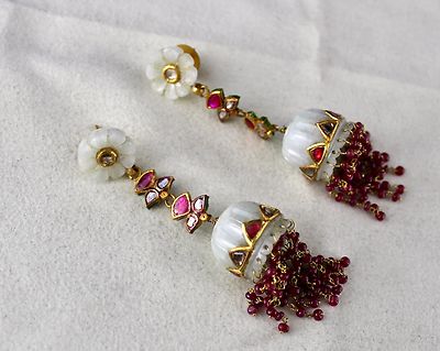 Persian Nephrite Jade 137ct 22k Gold Ruby Natural Diamond Jhumki Earrings