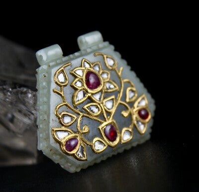 Antique Natural Nephrite Jade 140ct Diamond Rubies 22k Gold Two Side Pendant