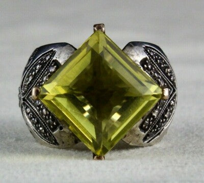 Natural Lemon Quartz 105ct Natural Diamond Sterling Silver Victorian Ring