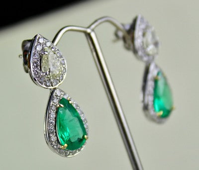 Certified Natural Zambia Emerald 54ct Natural Diamond Pear Cut 18k Gold Earrings
