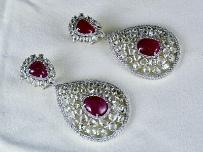 Certified Burma Ruby 200ct Natural Rose Cut Diamond 18k Gold Cocktail Earrings