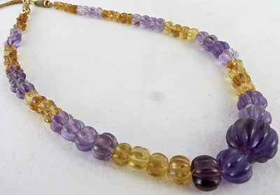 Natural Multi Amethyst 325 Ct Citrine Carved Melon Beads Gemstone Necklace