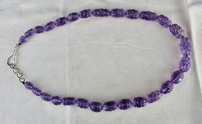 Certified Antique Natural Amethyst 332ct Carved Sterling Silver Long Necklace
