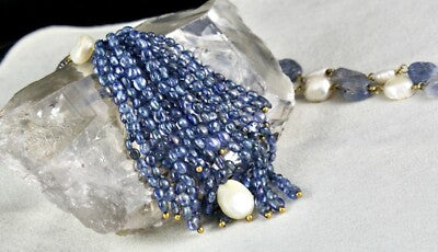 Certified Blue Sapphire 10ct Antique Pearl Natural Diamond Tassel Gold Necklace