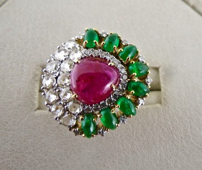Certified Natural Burma Ruby 10ct Zambia Emerald Cabochon Diamond 18k Gold Ring