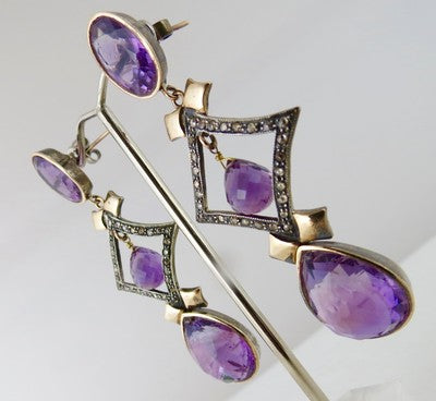 Natural Amethyst 10+ct Natural Diamond 18k Gold & Sterling Silver Earrings