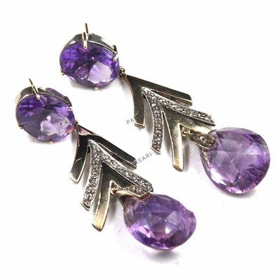 Amethyst 10 Ct & Natural Diamond Victorian Pavé Earrings 18K Solid Gold