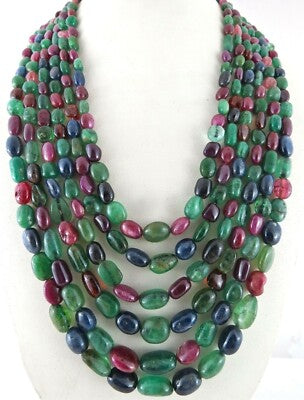 Certified Natural Emerald Ruby Sapphire 1462ct Beads Long Necklace