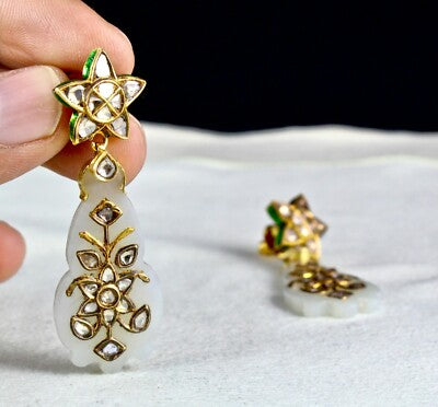 Certified Antique Nephrite Jade 90ct Natural Diamond 18k Gold Jadau Earrings