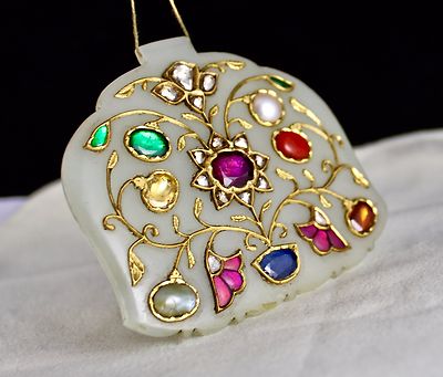 Exclusive Rare Persian Jade 341ct Natural Diamond Navratan Gemstone Gold Pendant