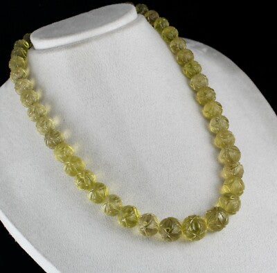 Certified Lemon Quartz 674 Ct Engraved Gemstone Vintage Beaded Necklace