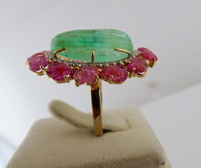 Certified Vintage Natural Emerald 10ct Ruby Carved Natural Diamond 18k Gold Ring