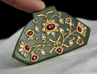 Certified Natural Green Jade 134.5ct Pendant Diamond Ruby 22k Gold Jadau Piece