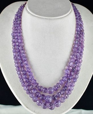 Natural Amethyst 569ct Carved Melon 3 Line Ladies Beads Necklace
