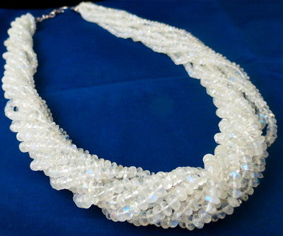 Sterling Silver Natural Rainbow Moonstone Necklace Round 727 Ct White Beads 10 L