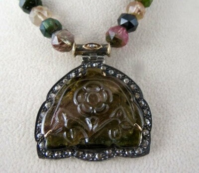 Multi Colour Tourmaline 10ct Natural Diamond Victorian Pendant Sterling Silver