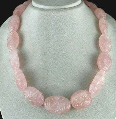 Certified Big Natural Rose Quartz 1488ct Carved Beads Sterling Silver Necklace
