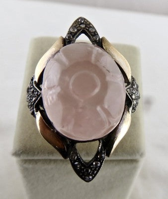 Antique Rose Quartz 62ct Natural Diamond Carved 18k Gold Sterling Silver Ring