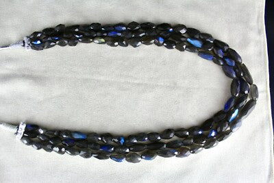 Natural Black Labradorite 688 Ct Faceted Tumble 3 Line Gemstone Beads Necklace