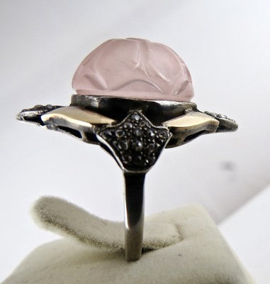 Antique Rose Quartz 62ct Natural Diamond Carved 18k Gold Sterling Silver Ring