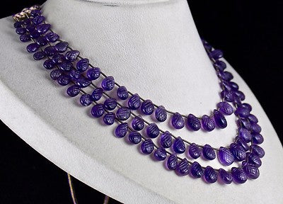 Amethyst Pear Drops Engraved Beaded Necklace 400 Ct Natural Gemstone String