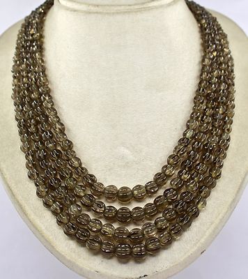 Natural Smoky Quartz Carved Beads Melon Necklace 762 Ct Antique Gemstone