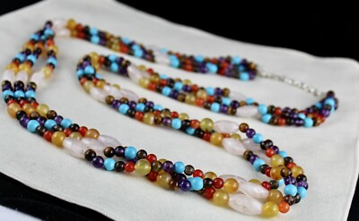 Handmade Natural Semi Precious 1077 Ct Beads 3 Line Gemstone Fashion Necklace