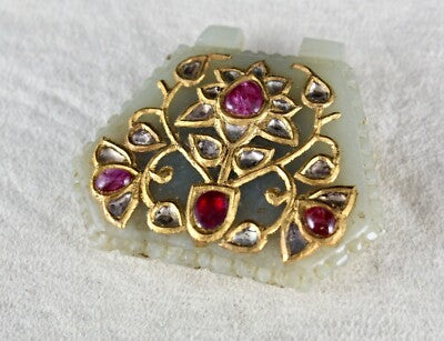 Antique Natural Nephrite Jade 140ct Diamond Rubies 22k Gold Two Side Pendant