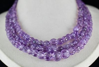 Natural Amethyst 569ct Carved Melon 3 Line Ladies Beads Necklace