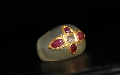 Antique Yellow Chalcedony 10ct Natural Diamond Ruby 22k Gold Classic Ring